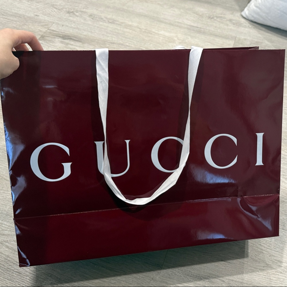 Large Gucci Deep Burgundy Glossy Shopping Bag with White Logo